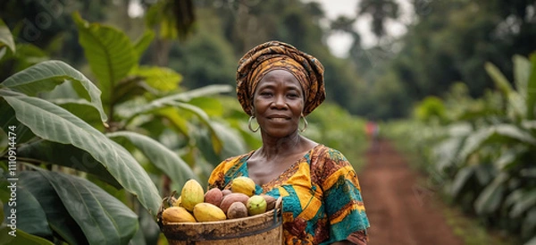 Fototapeta Portrait of African woman from Ghana holding basket with cocoa or cacao beans. Cocoa plantation in Ghana. Woman cocoa farmer in Africa
