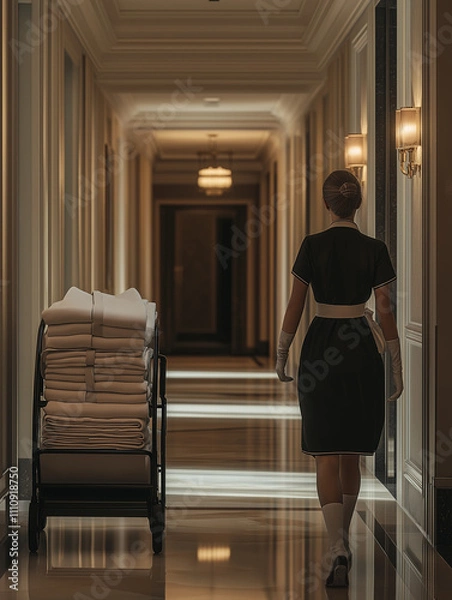 Fototapeta Maid walking with linen cart in elegant hotel hallway