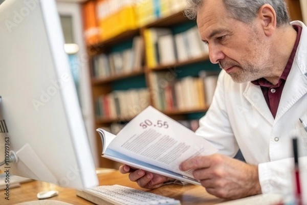 Fototapeta A researcher in a lab coat studies journal articles intently in a library setting.