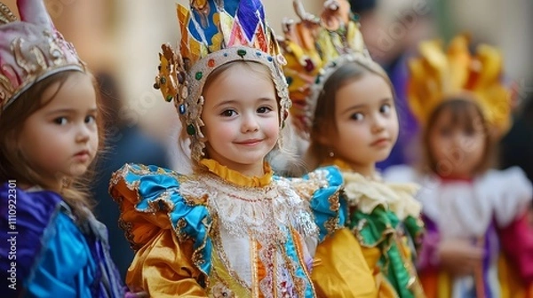 Fototapeta A group of children dressed in colorful, elaborate costumes with crowns, showcasing a festive spirit. The central child smiles brightly, while the others look on with expressions of joy and curiosity.