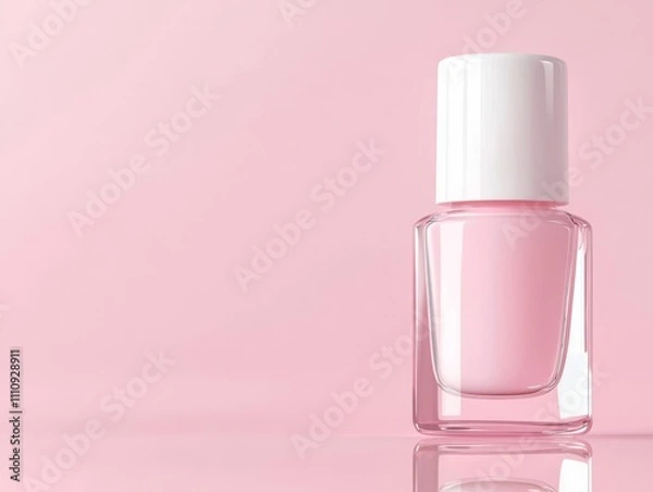 Fototapeta Realistic nail polish bottle mockup, blank glossy finish with delicate lighting, placed on a reflective surface for depth