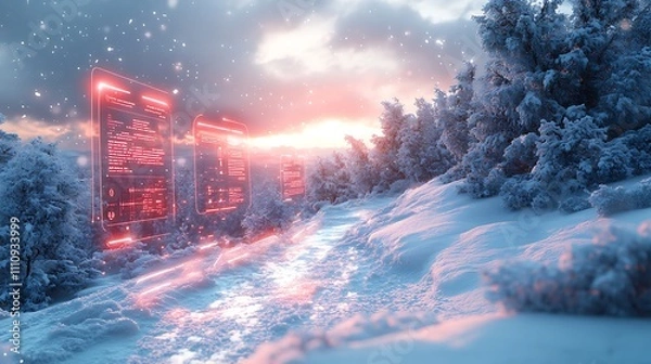 Fototapeta Snowy path in winter landscape with futuristic red digital interfaces.