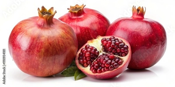 Fototapeta Vibrant Pomegranates Close-Up of Juicy, Red Arils in Symmetrical Composition on Bright White Background - Fresh, Healthy Food Photography for Culinary Concepts, Health and