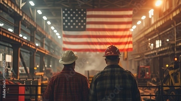 Obraz Two Steelworkers in Hard Hats Facing an American Flag in a Factory