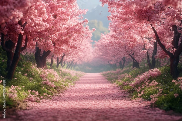 Obraz Serene Path Through A Blossoming Cherry Tree Avenue