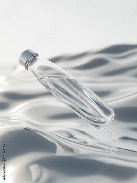 Obraz Transparent glass bottle floating over metallic liquid waves, evoking minimalism and futuristic design concepts.