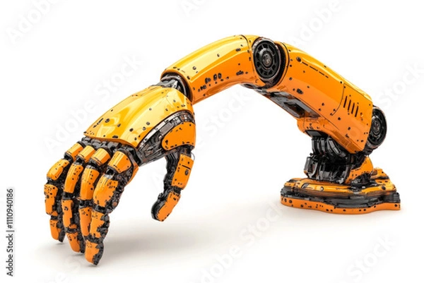 Fototapeta Orange and black robotic arm pointing down on white background, perfect for projects related to automation, technology, and futuristic design