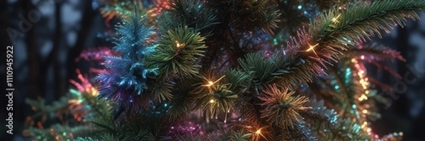 Fototapeta Iridescent rainbow-colored tinsel wrapping around a small spruce tree, miniature evergreen tree, festive foliage, brightening up the space