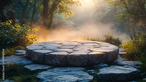 Fototapeta Circular stone podium surrounded by soft mist, set in a natural environment with a gentle glow of sunrise.
