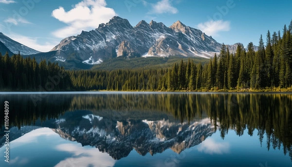 Fototapeta A picturesque mountain range reflected in the calm waters of a lake. The towering mountains are cove