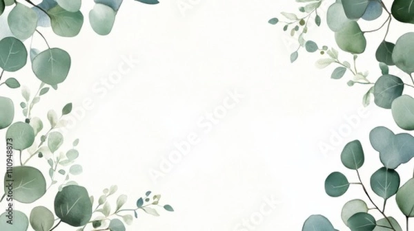 Fototapeta Decorative green foliage border with soft watercolor effect for design purposes and creative projects