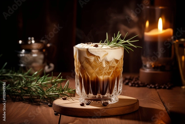 Obraz Creamy coffee cocktail with rosemary garnish on rustic wooden table