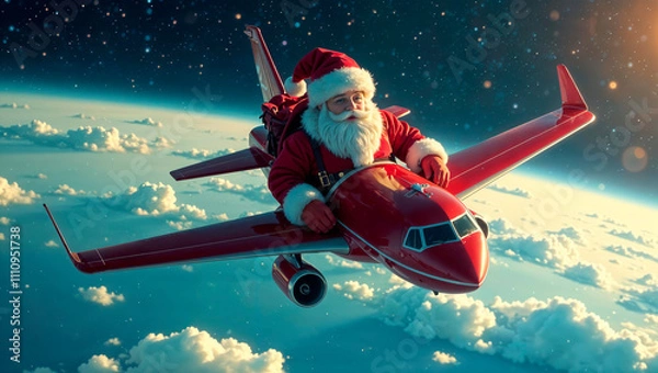 Fototapeta Santa Claus flying on a plane over a planet in space. Fast delivery concept