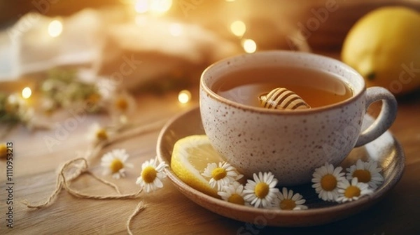 Fototapeta Photo of, A cozy cup of herbal chamomile tea served with honey and a lemon wedge, Chamomile tea presented in a ceramic mug with a saucer