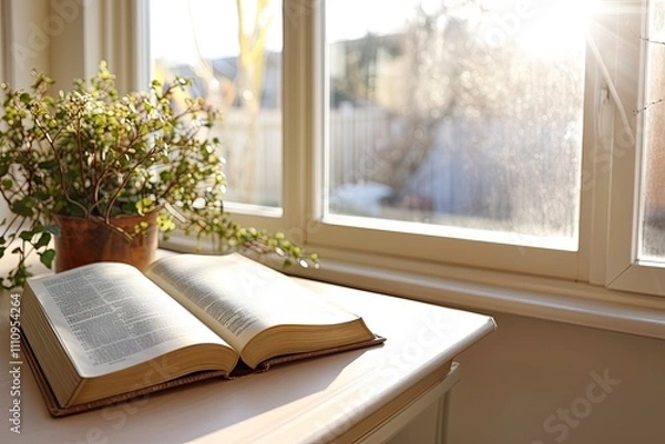 Fototapeta Opened book of the Bible on the background of the window with a bouquet of flowers