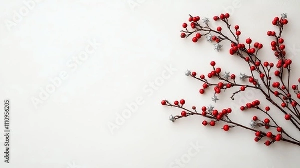 Fototapeta A single branch adorned with red berries and silver stars against a plain backdrop, illustrating simplicity and elegance in holiday decoration and celebration.