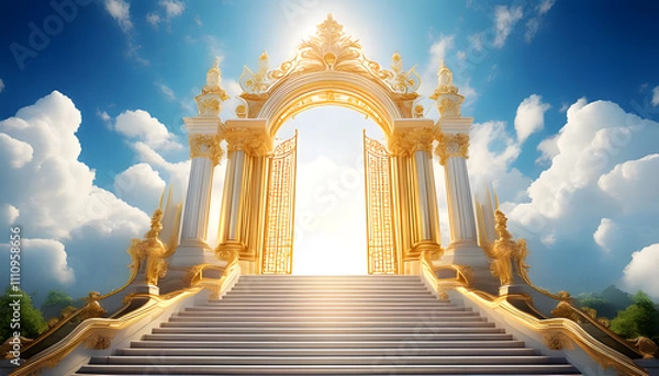 Fototapeta Golden gates stairs lead to heavens bright entrance. Suitable for religious concepts or spiritual themes in designs and projects.