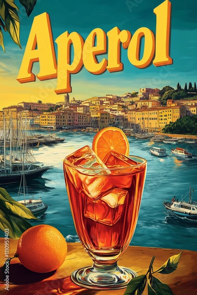 Obraz Vintage Aperol Poster: A Mediterranean Escape.
Classic Aperol Advertisement with Italian Vibes. Retro Citrus Cocktail Art by the Sea. Aperol Harbor Illustration: Sunset Refreshment