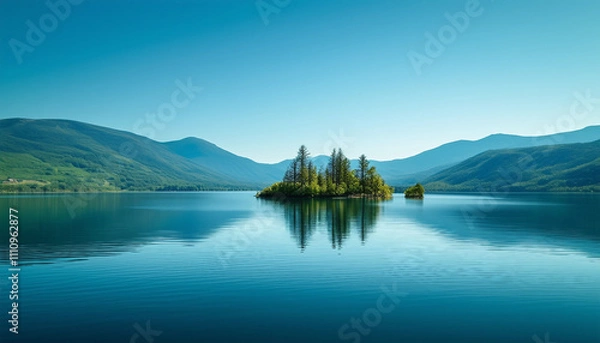 Fototapeta A wide landscape of a calm blue lake surrounded by distant green hills and mountains. The sky is bri