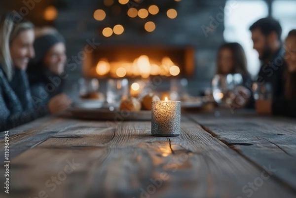 Fototapeta An inviting setting of a candlelit dinner party where friends or family are gathered around a rustic wooden table, capturing warmth, togetherness, and celebration.