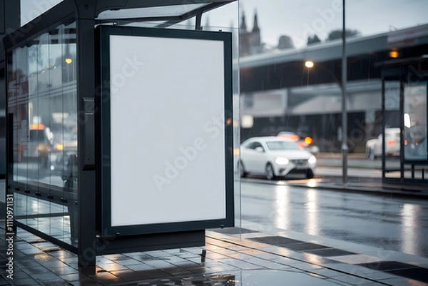 Fototapeta Blank advertisement mock up board on a rainy day at the bus stop.