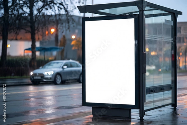 Fototapeta Blank advertisement mock up board on a rainy day at the bus stop.