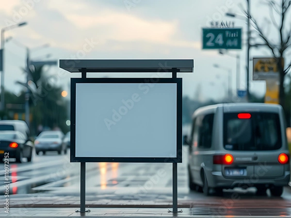 Fototapeta Blank advertisement mock up board on a rainy day at the bus stop.