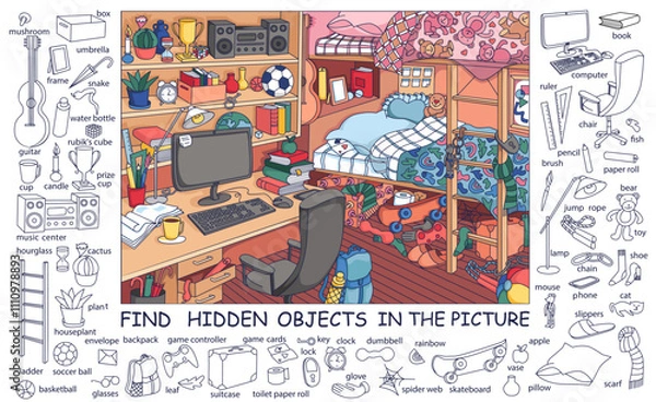 Obraz Find hidden objects in the picture. Teenager room interior with furniture and home objects. Cozy children room. Linear sketch vector illustration.