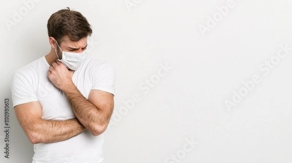 Fototapeta Young Man in White T-Shirt Wears Protective Face Mask and Stands Against Minimalist Background, Expressing Concern and Uncertainty About Health and Safety Measures