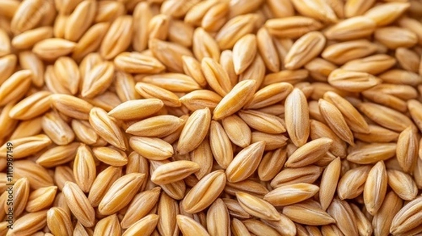 Fototapeta Wheat grains scattered on a surface showcasing their golden color and unique texture under natural light