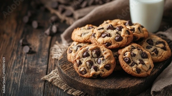 Fototapeta Photo of, A freshly baked batch of chocolate chip cookies, golden brown and gooey in the center