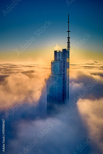 Obraz Beautiful panoramic fabulous, mesmerizing, unreal, aerial drone view of skyscrapers sticking out of low fog at sunrise, Warsaw, Poland, EU. VARSO - the tallest skyscraper in EU.