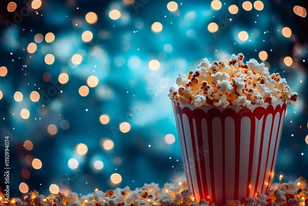 Fototapeta A bright bucket of popcorn and sparkling lights make for a magical movie night