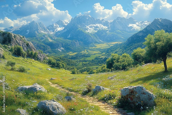 Obraz Mountain Valley Path Meadow Flowers Rocks Sky