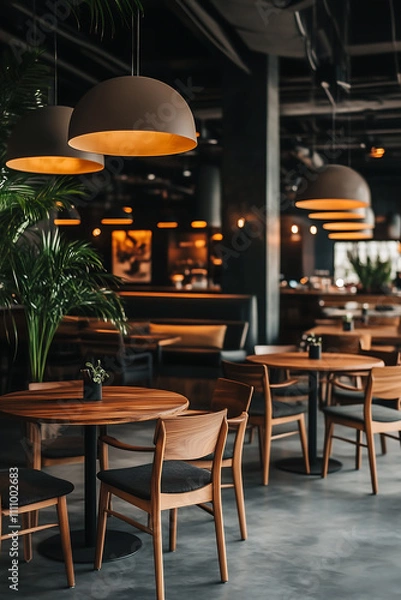 Obraz Modern café interior with wooden furniture, potted plants, oversized pendant lights, and moody lighting creating a cozy and stylish dining space