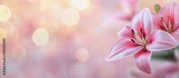 Fototapeta Beautiful pink lilies in soft focus against a pastel background during spring season