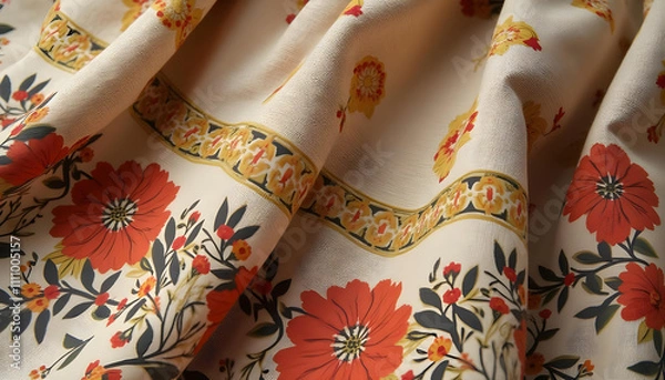 Obraz scarf design highlighting detailed geometric motifs in earthy tones of brown and olive, with rustic floral designs, on a natural linen background