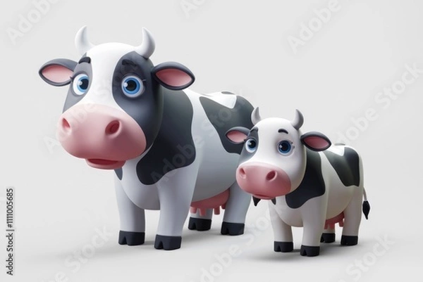 Fototapeta Two cartoon cows  one big and one small  stand on a white background.