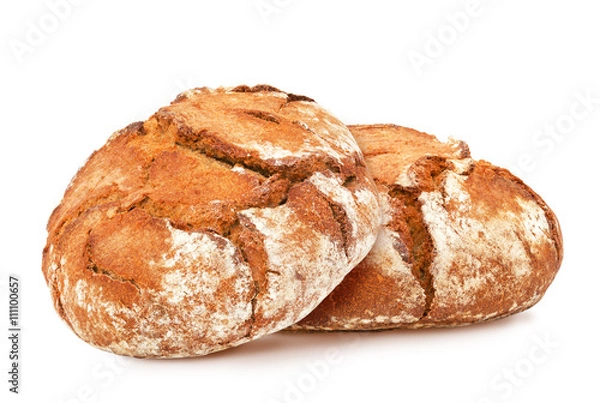 Fototapeta Two freshly baked loaves of traditional round rye bread isolated on white background. Design element for bakery product label, catalog print, web use.