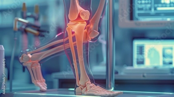 Obraz A detailed digital illustration of a human knee joint highlighting anatomical structures in a clinical setting.