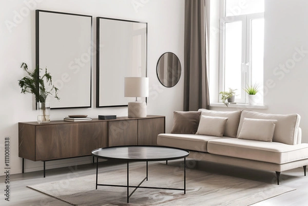 Fototapeta Bright and modern living room interior with dual wall art mock-up frames, beige sofa, wooden sideboard, and minimalist decor, designed in neutral tones and natural light