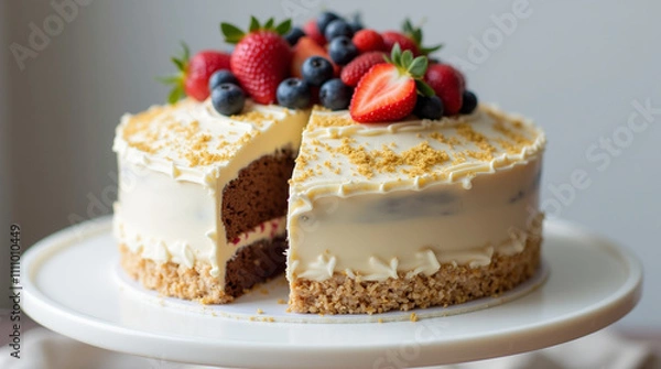 Obraz A decadent, multi-layered cake with rich chocolate frosting, decorated with swirls of cream and a scattering of chopped nuts on top. 