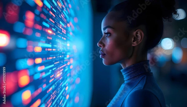 Obraz Abstract futuristic woman looking at data flow in a virtual display