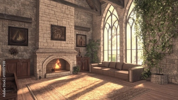 Fototapeta Modern-Medieval Fusion: Cozy Family Room with Fireplace, Modern Furniture & Medieval Accents for Intimate Gatherings and Relaxation