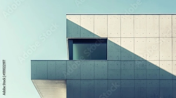 Fototapeta Modern Architectural Design with Geometric Lines and Light Shadow Play on Concrete Facade in a Clear Sky Setting