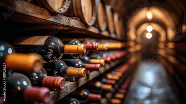 Obraz Elegant wine cellar with lined bottles in wooden racks