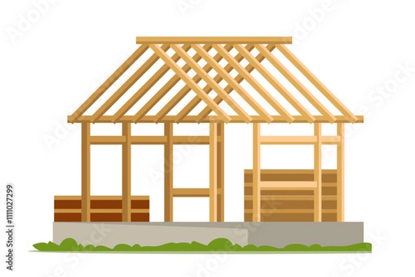 Obraz House construction flat vector illustration. House building site, home walls and roof structure. Professional builders working site.