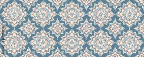 Fototapeta seamless pattern of Pastel Mandala Floral Design  Blue peach ornate mandala pattern  boho chic style evokes serenity 