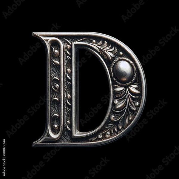 Obraz Old silver font design, alphabet letter D with metal texture and decorative floral pattern isolated on black background, luxury and jewelry concepts.
