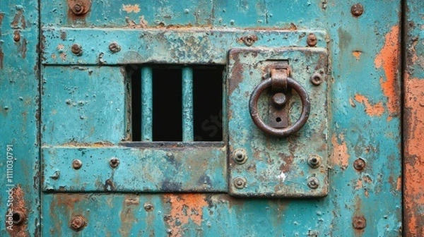 Fototapeta A Close-Up View of a Vintage Rusty Metallic Door with a Lock and Small Windows, Depicting Texture and Age on a Weathered Surface in Urban Setting